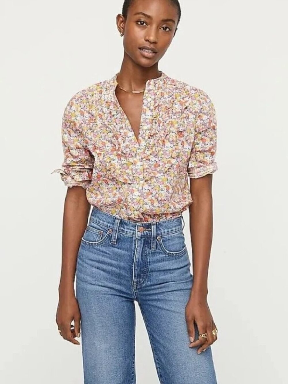 J. Crew Liberty Fabrics Band Collar Fuffle Front Shirt Libby Floral Size Small